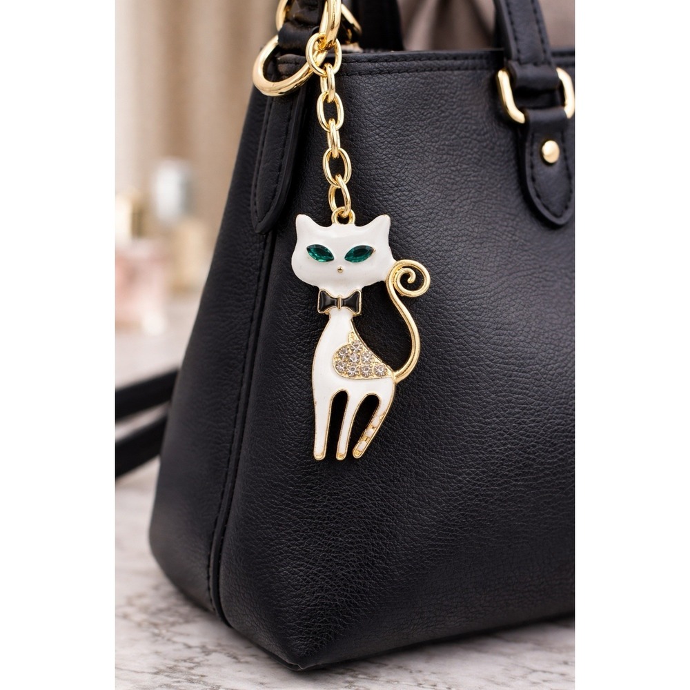 Mint Cat Purse Charm Keychain Gold Tone Metal Rhinestones Gem Eyes Bag Charm